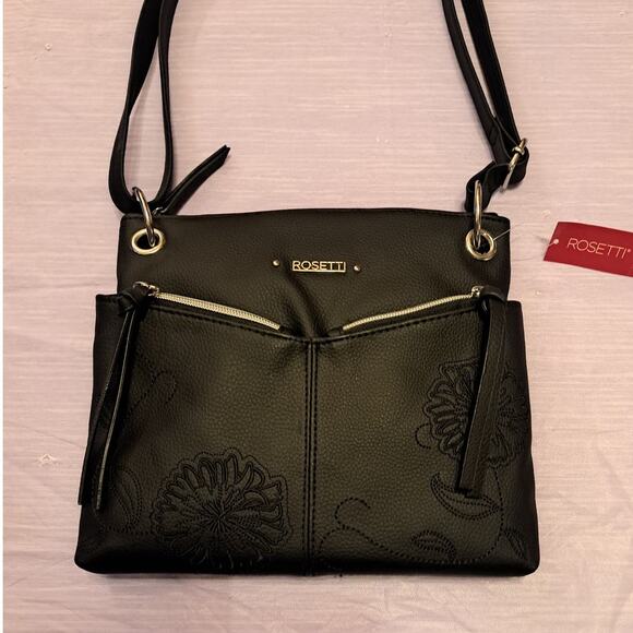 Rosetti Black Floral Stitched Crossbody Bag Double Zipper Adjustable Strap - Picture 11 of 13